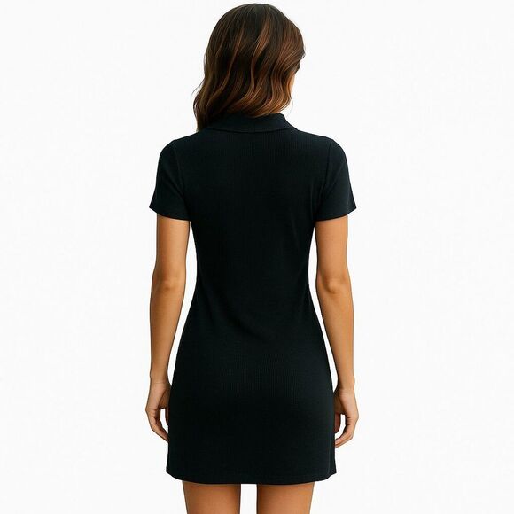 Ambiance Black Mini Dress Med to Large* Ribbed Collared Pullover Stretch Bodycon - Picture 2 of 11